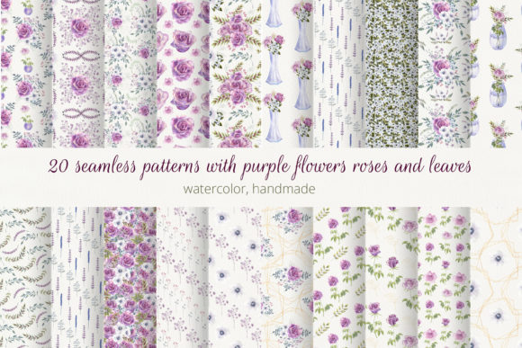 20 Seamless Patterns with Purple Roses