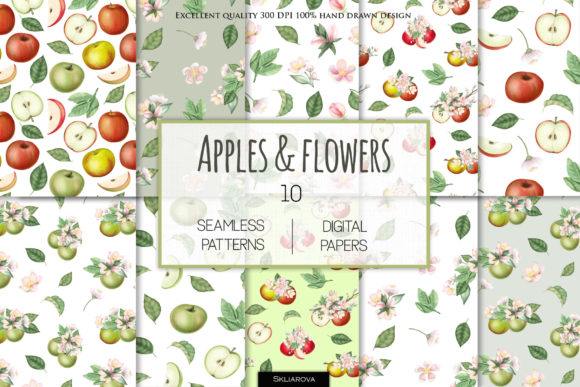Apples and Flowers Seamless Patterns