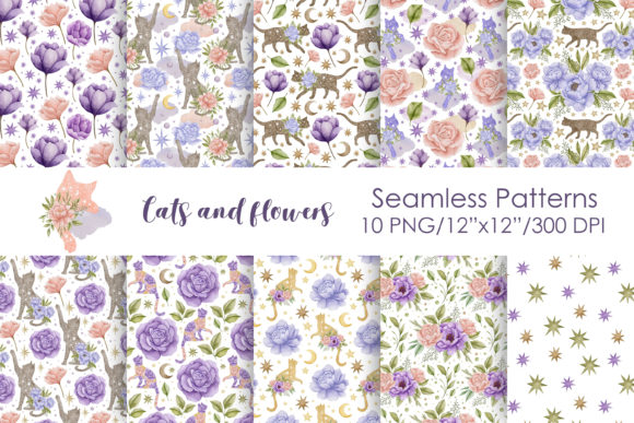 Cats and Flowers Seamless Patterns 2